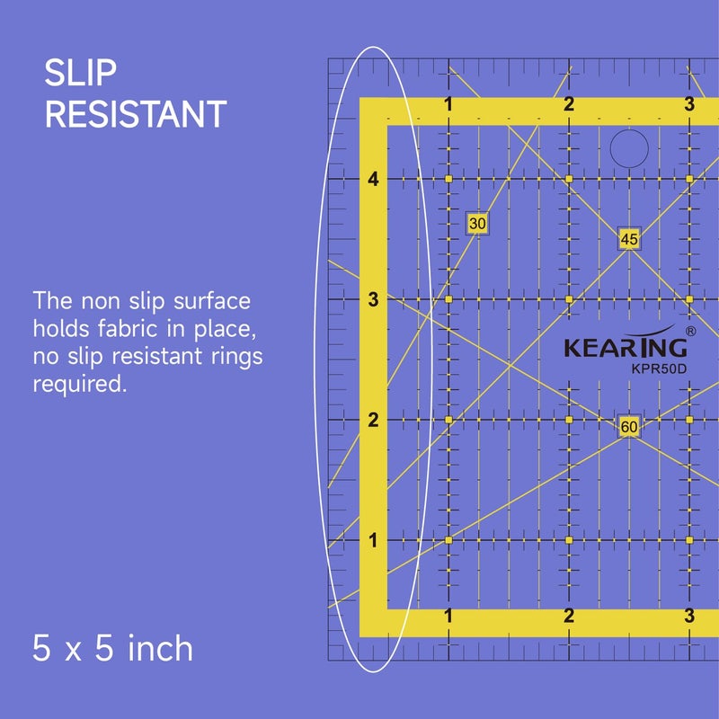 KEARING KERING Patchwork Quilting Ruler - 5x5 inch Non-Slip Acrylic Square Ruler for Foundation Paper Piecing, Bias Strips & Rotary Cutting, Durable Quilter's Tool with Anti-Slip Backing - Image 3
